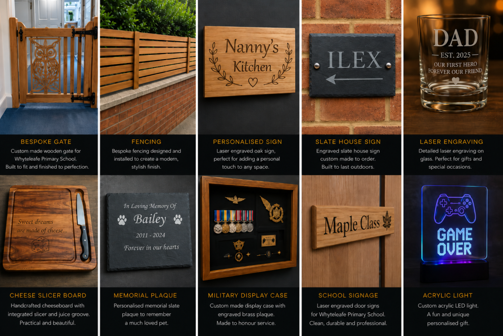 Collection of personalised wooden signs and gifts displayed with various designs and messages.