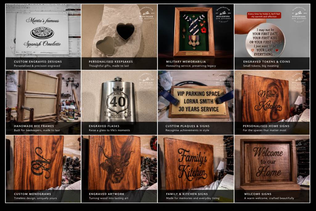 Assorted handcrafted wooden items and decorative pieces displayed on a table.