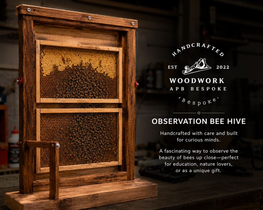Wooden observation bee hive designed for learning about honeybees and their environment.